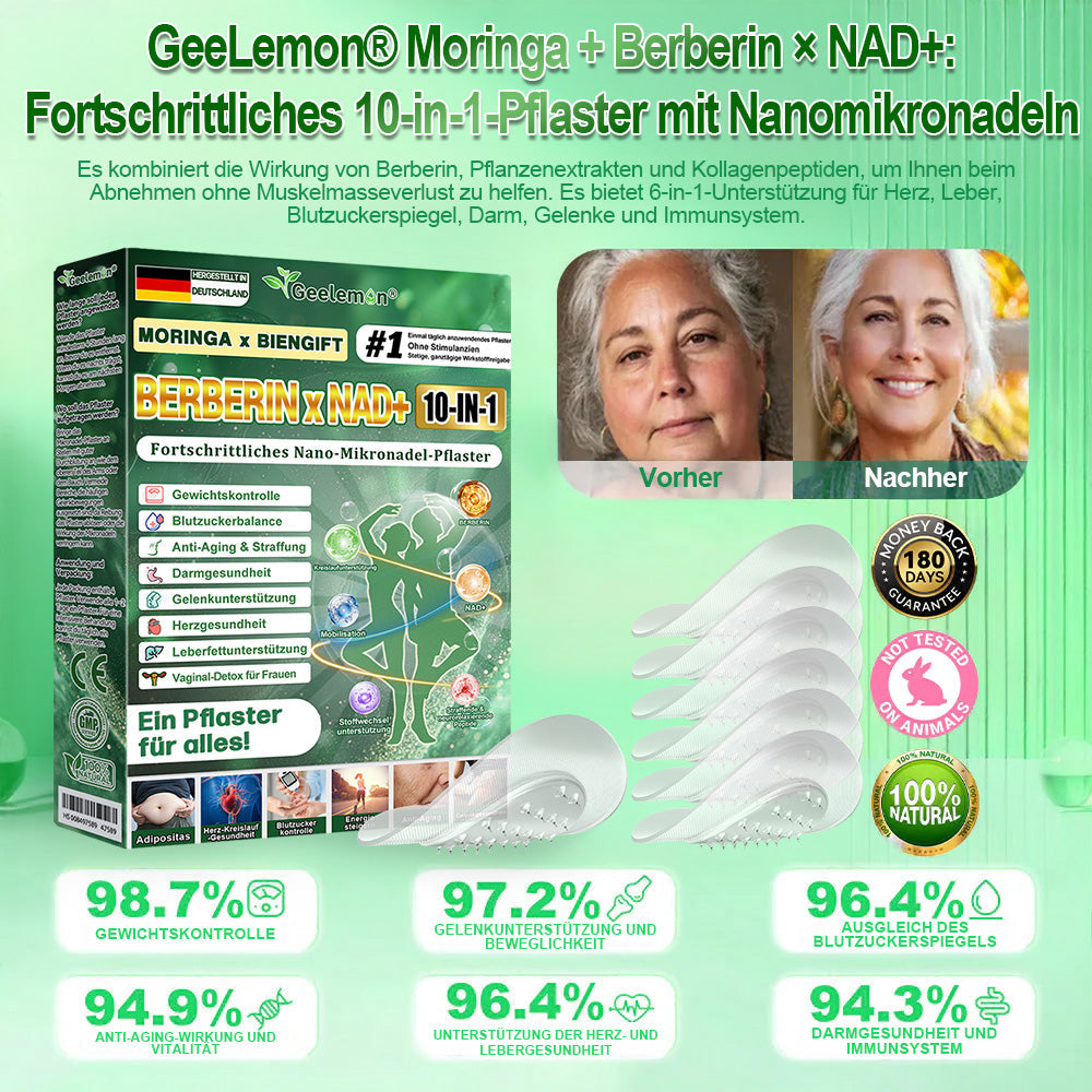🇩🇪 Offizieller deutscher Shop | Geelemon® Moringa · Berberin × NAD+ 𝟏𝟎-𝐢𝐧-𝟏 𝐀𝐝𝐯𝐚𝐧𝐜𝐞𝐝 𝐍𝐚𝐧𝐨-𝐌𝐢𝐤𝐫𝐨𝐧𝐚𝐝𝐞𝐥-𝐏𝐚𝐭𝐜𝐡 — 𝐄𝐢𝐧𝐦𝐚𝐥 𝐭ä𝐠𝐥𝐢𝐜𝐡, 𝐬𝐢𝐜𝐡𝐭𝐛𝐚𝐫𝐞 𝐄𝐫𝐠𝐞𝐛𝐧𝐢𝐬𝐬𝐞 𝐢𝐧 𝟕 𝐓𝐚𝐠𝐞𝐧