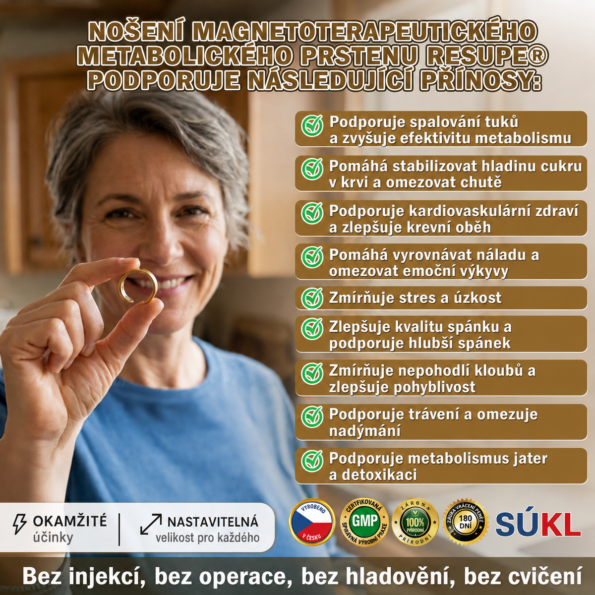 Resupe® Magnetický prsten pro podporu hubnutí a metabolismu: 3násobná aktivace metabolismu — stačí jen 30 minut denně pro podporu spalování tuků a lymfatického systému. Navíc přispívá k pohodlí kloubů, kvalitnějšímu spánku a lepší mentální svěžesti.
