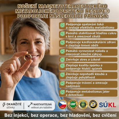 Resupe® Magnetický prsten pro podporu hubnutí a metabolismu: 3násobná aktivace metabolismu — stačí jen 30 minut denně pro podporu spalování tuků a lymfatického systému. Navíc přispívá k pohodlí kloubů, kvalitnějšímu spánku a lepší mentální svěžesti.