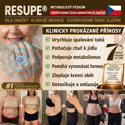 Resupe® Magnetický prsten pro podporu hubnutí a metabolismu: 3násobná aktivace metabolismu — stačí jen 30 minut denně pro podporu spalování tuků a lymfatického systému. Navíc přispívá k pohodlí kloubů, kvalitnějšímu spánku a lepší mentální svěžesti.